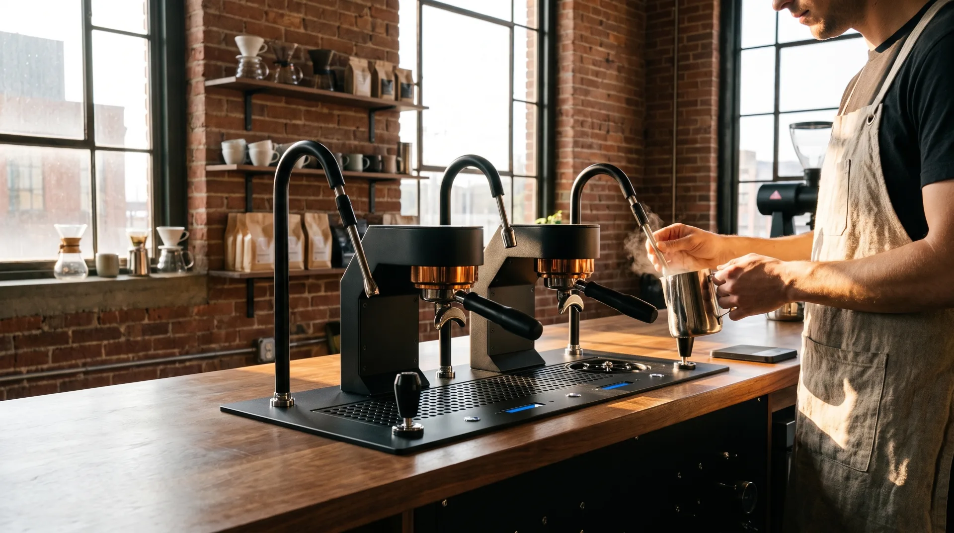 Aesperto Due in a sunlit specialty café, barista steaming milk
