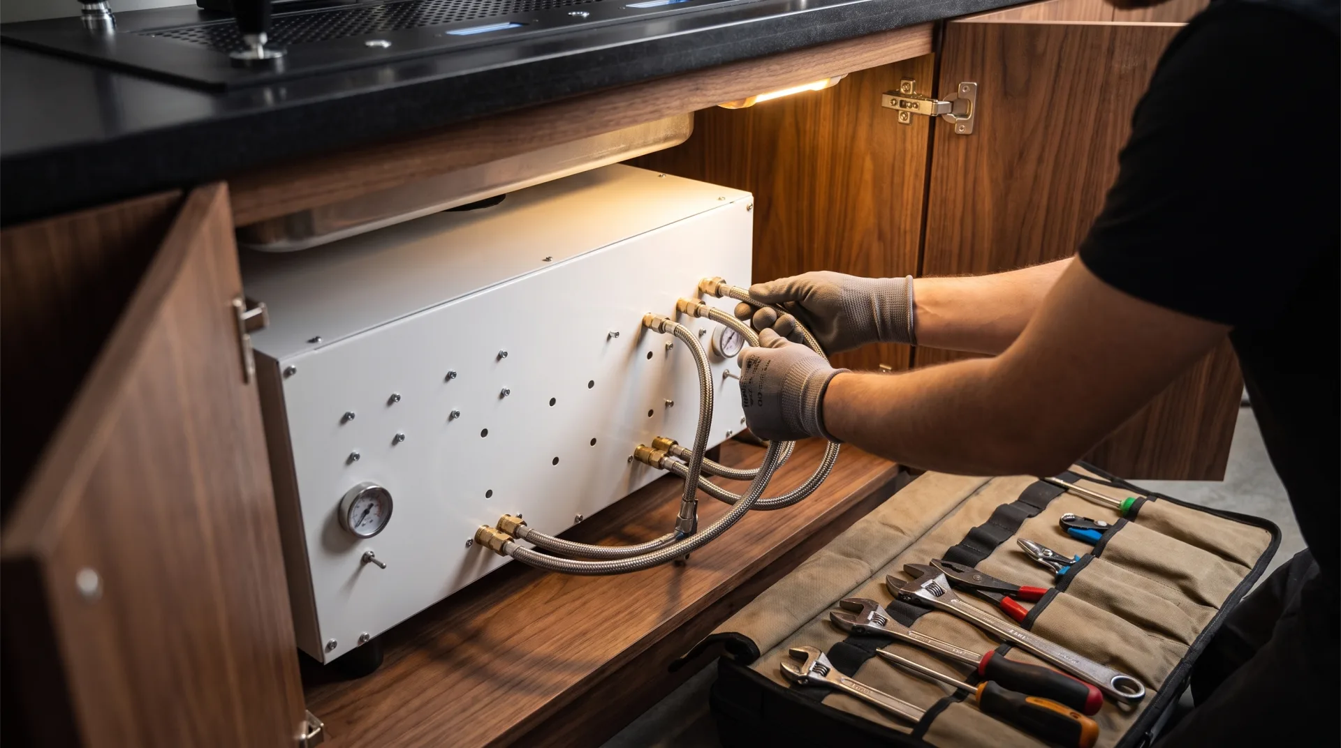 Technician connecting water lines to the under-counter boiler unit