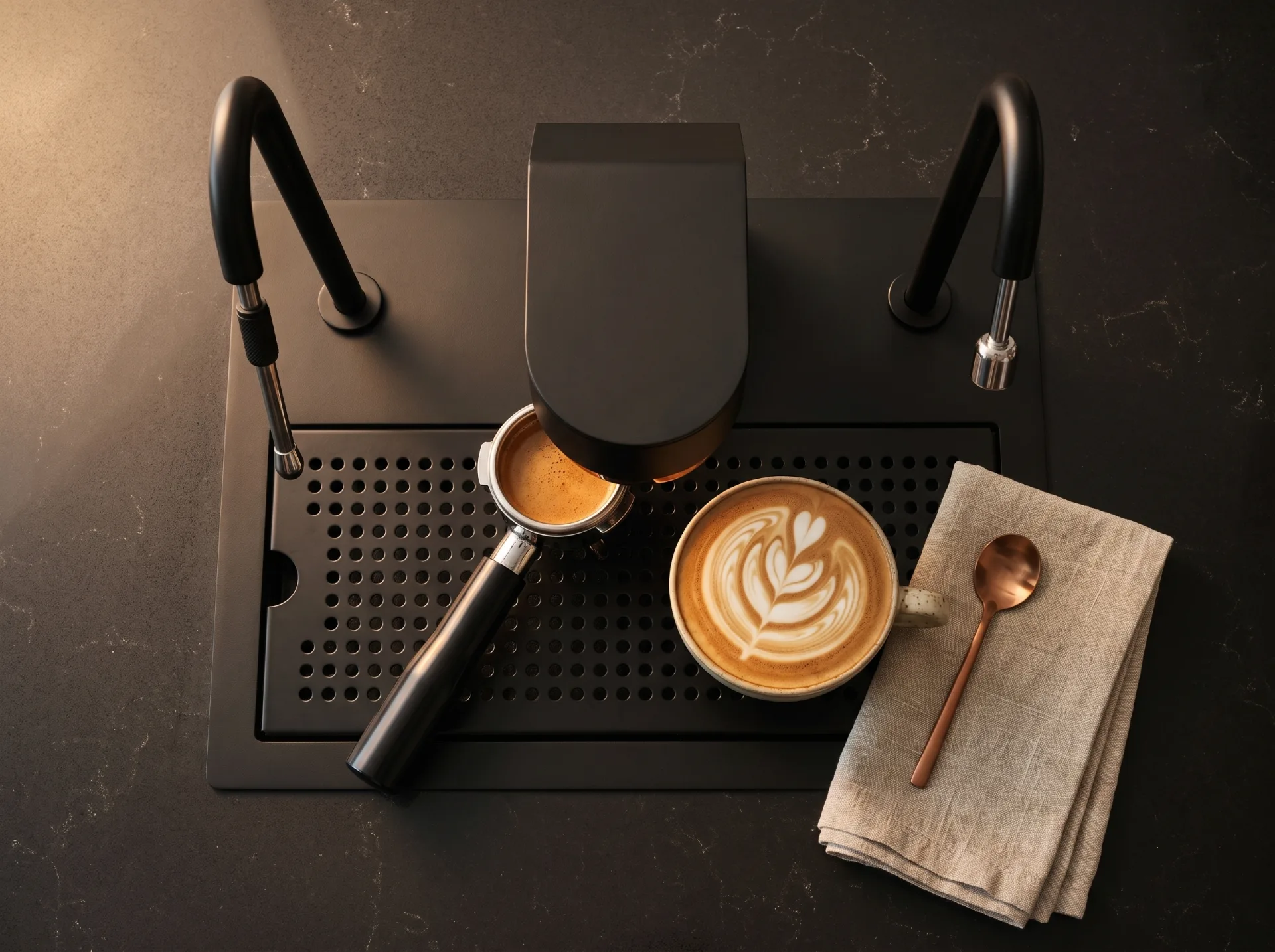 Flat white with rosetta latte art on the Aesperto deck